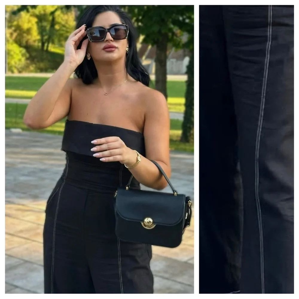 NWT. Zara Black Linen Blend Strapless Long Jumpsuit. Size M.